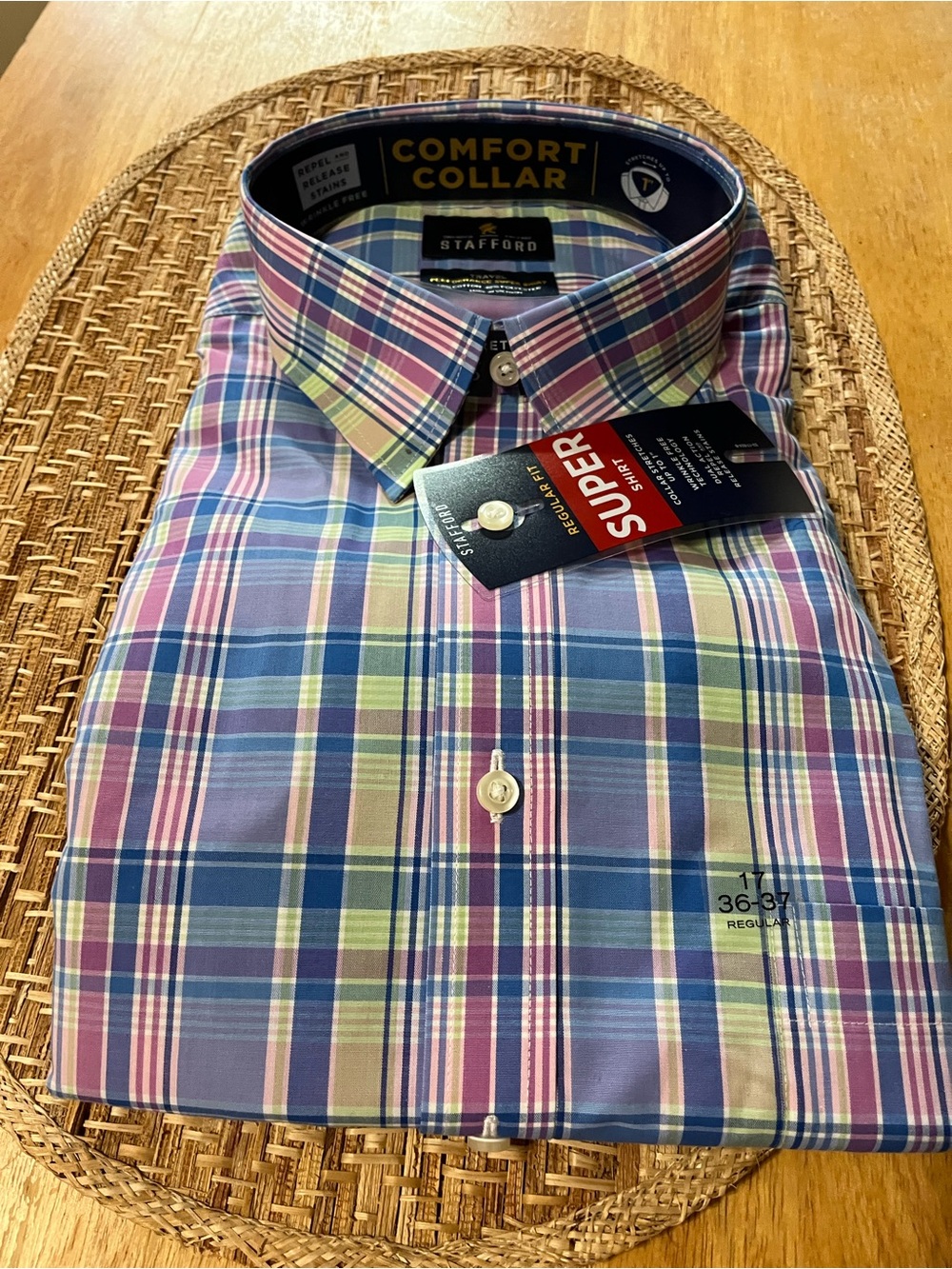 Stafford Plaid Dress Shirt in Blue, Pink & Green